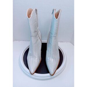 White Faux Crocodile Leather Ankle Boots With Side Zipper & Block Heel Size 9